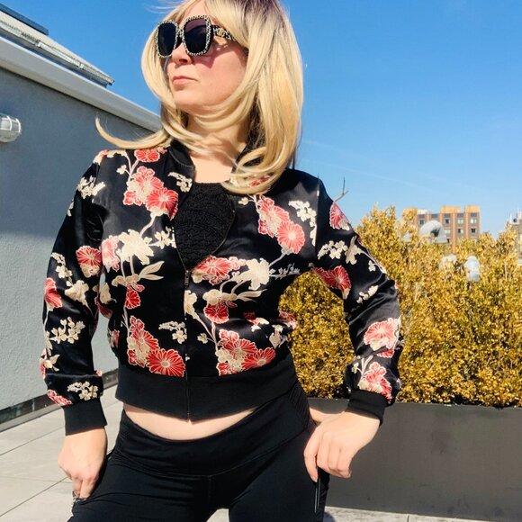 New York City Floral Genuine Silk Satin Bomber Lined Crop ZipUp Jacket